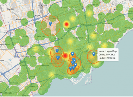 Heat map with overlying trade areas and trade area labels