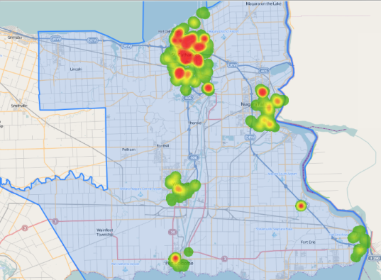 Heat map of vulnerable populations to COVID-19 in St. Catharines outlined by the CMA of the town