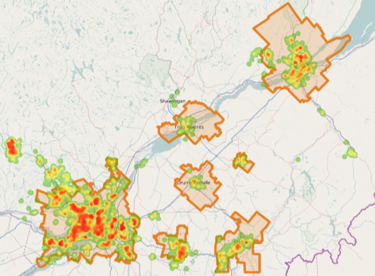 Heat map and trade areas of spots in Quebec that are at high risk for mortgage defaults due to COVID-19