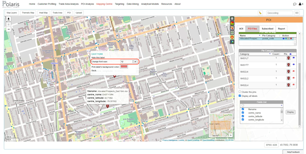 April 2022 Software Release. Change the font size of a Point of Interest (POI) Label in the Mapping Centre. Example is for midtown Toronto, around Yonge and Eglinton