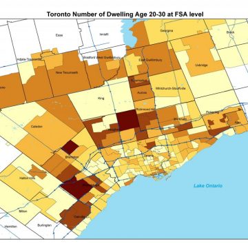 Toronto Number of Dwelling Age 20-30 at FSA level (2021). This shows Toronto's development over the last few decades.