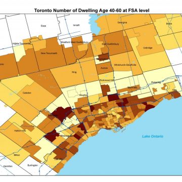 Toronto Number of Dwelling Age 40-60 at FSA level (2021). This shows Toronto's development over the last few decades.