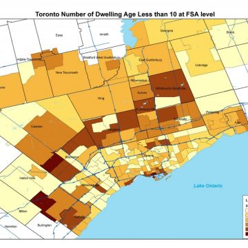 Toronto Number of Dwelling Age Less than 10 at FSA level (2021). This shows Toronto's development over the last few decades.