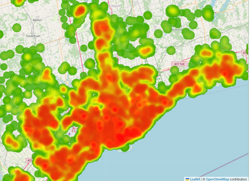 Heatmap displaying university student concentration across the Toronto Census Metropolitan Area (CMA). Red and orange high-density zones are widely distributed across multiple suburban and downtown nodes, illustrating a geographically dispersed student demographic within a massive metropolitan area.