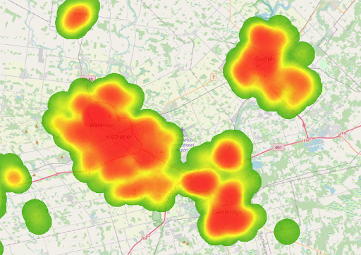 Heat map of Waterloo region showing high concentrations of students in red, fading to low concentrations in green