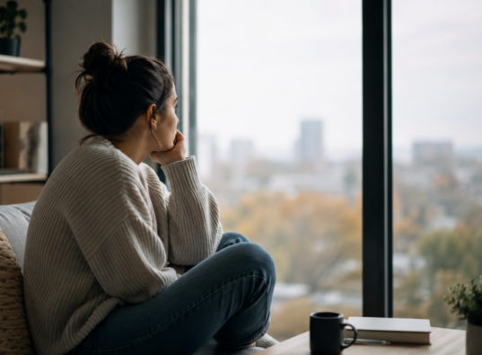 A woman wearing a cozy beige sweater rests her chin on her hand as she sits near a large window, looking out introspectively at a blurred cityscape. A mug and notebook rest on a small table beside her.