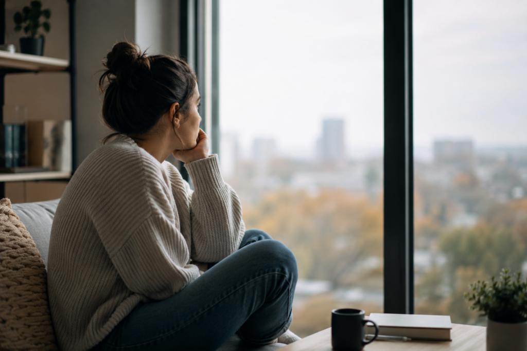 A woman wearing a cozy beige sweater rests her chin on her hand as she sits near a large window, looking out introspectively at a blurred cityscape. A mug and notebook rest on a small table beside her.
